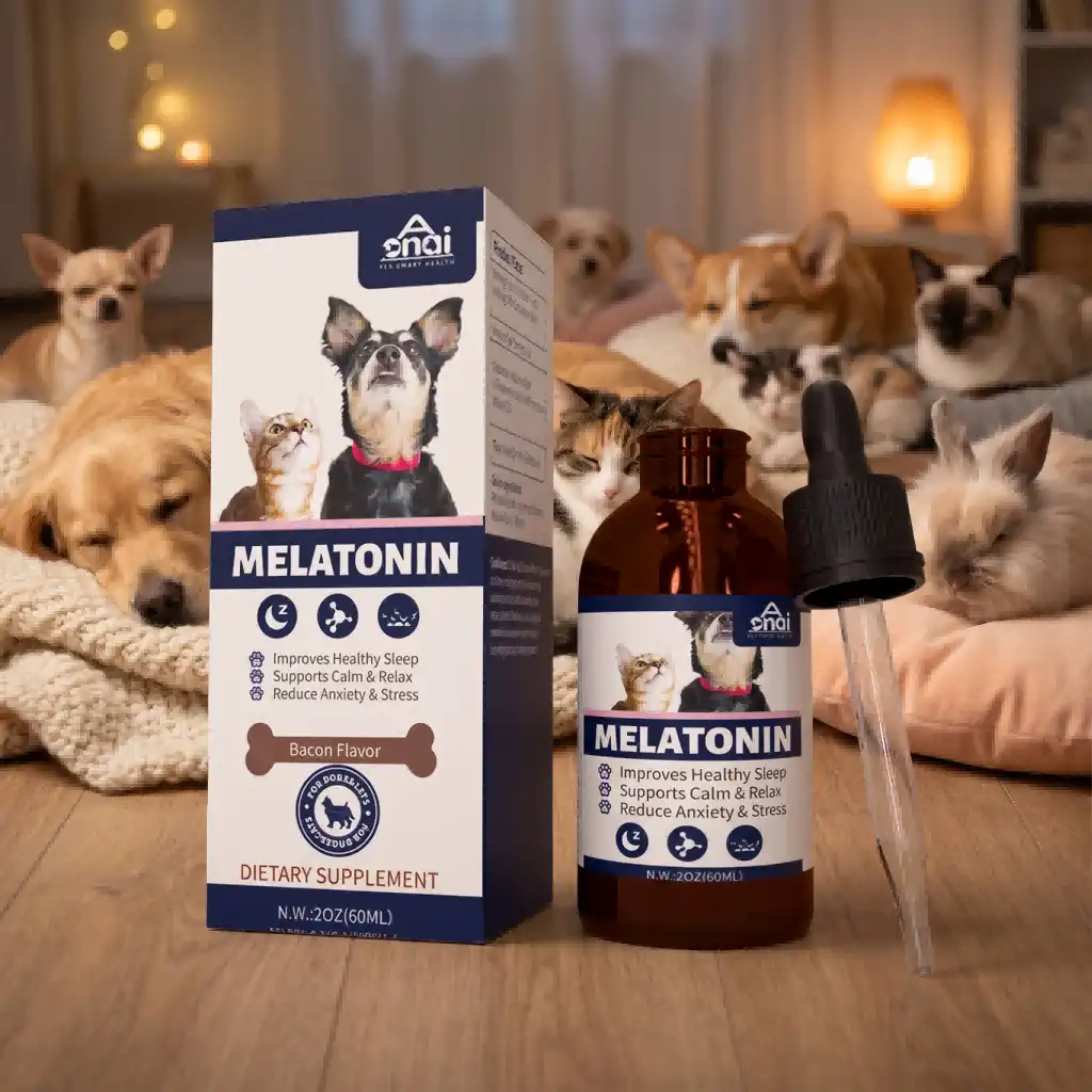 Melatonin drops specifically formulated for dogs help with sleep, relieve stress and anxiety
